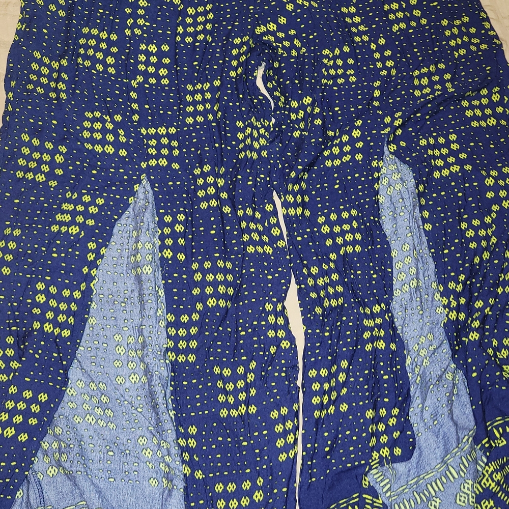 Blue and Green Patterned Women's  Beach Pants, Slit On Legs Wide Leg New